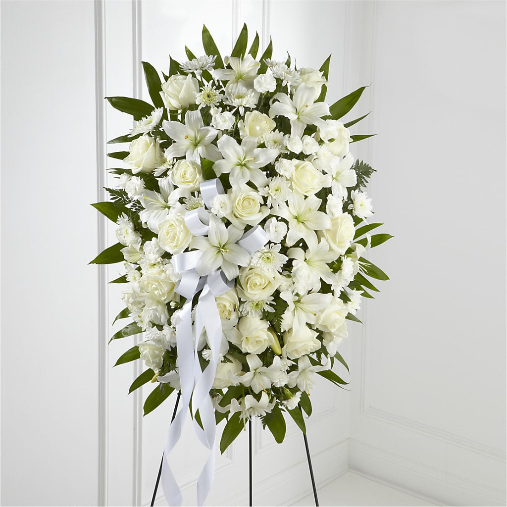 Exquisite Tribute Standing Spray-White Ribbon – FRENCH'S NEW ALBANY FLOWER SHOP, New Albany MS