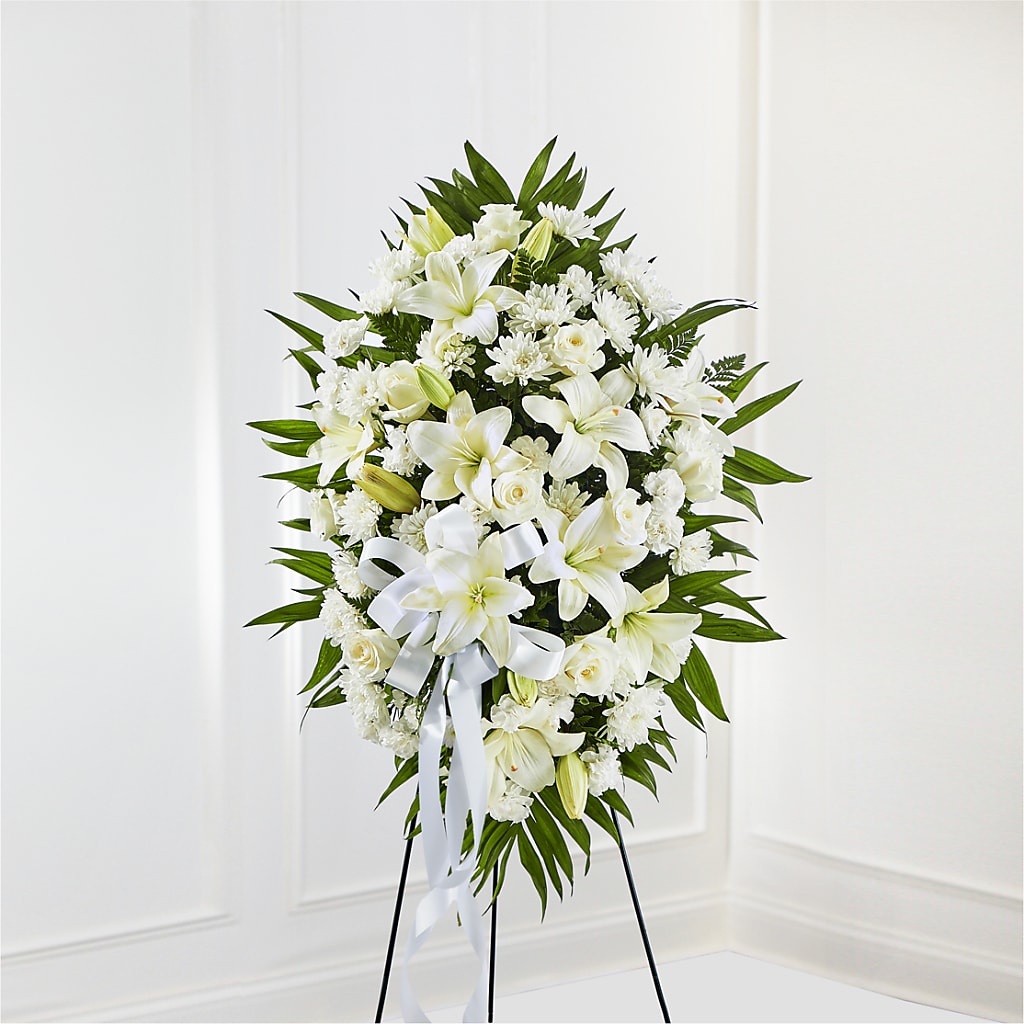 Exquisite Tribute Standing Spray-White Ribbon – FRENCH'S NEW ALBANY FLOWER SHOP, New Albany MS